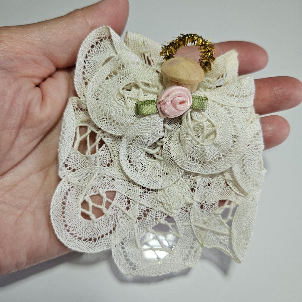 Vintage White Lace Angel Gold Halo Pink Rose Pin Brooch